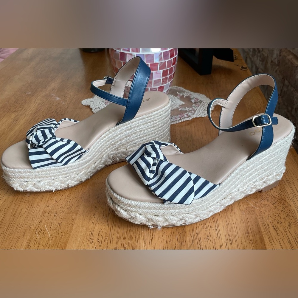 Aldo Navy and White Striped Wedge Sandals